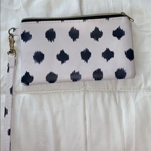 blue and white polka wristlet